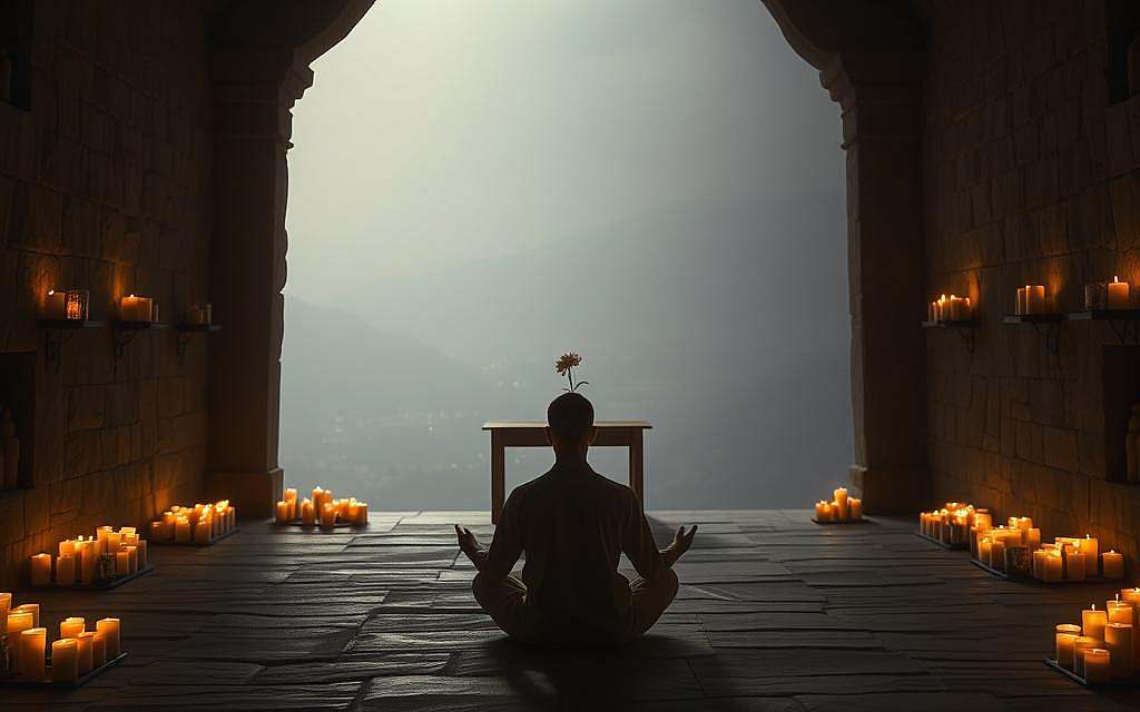 A dimly lit, serene meditation chamber. In the foreground, a cross-legged figure sits in deep contemplation, bathed in a soft, warm glow from above. Surrounding the meditator, an array of candles flicker, casting flickering shadows on the bare stone walls. In the middle ground, a simple wooden altar stands, adorned with a single, artfully arranged flower. The background fades into a hazy, indistinct landscape, suggesting a sense of timelessness and inner focus. The scene evokes a profound stillness, a tranquil journey into the depths of the human consciousness.