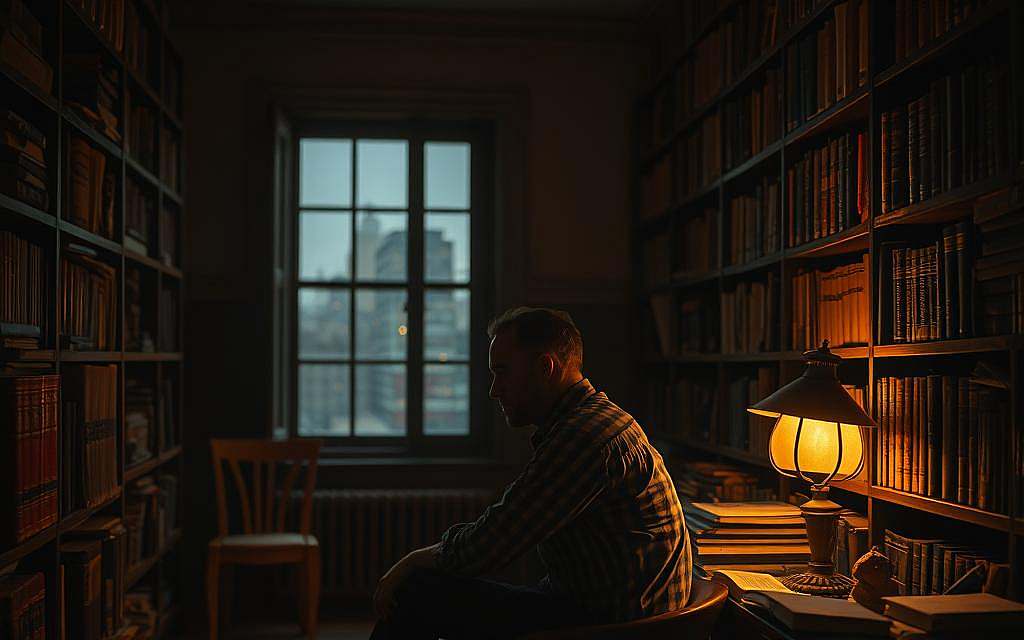 A dimly lit study, filled with the murmur of philosophical contemplation. In the foreground, a solitary figure sits, brow furrowed, deep in thought. Shelves of worn tomes line the walls, casting shadows that dance across the scene. The warm glow of a single lamp illuminates the subject, highlighting the tension between certainty and doubt, the search for meaning amidst the complexities of human existence. In the background, a window opens onto a blurred cityscape, a reminder of the broader world beyond the confines of this introspective space. The composition evokes a sense of introspection, the clash of competing ideologies, and the eternal human struggle to reconcile reason, pragmatism, and the existential quest for purpose.