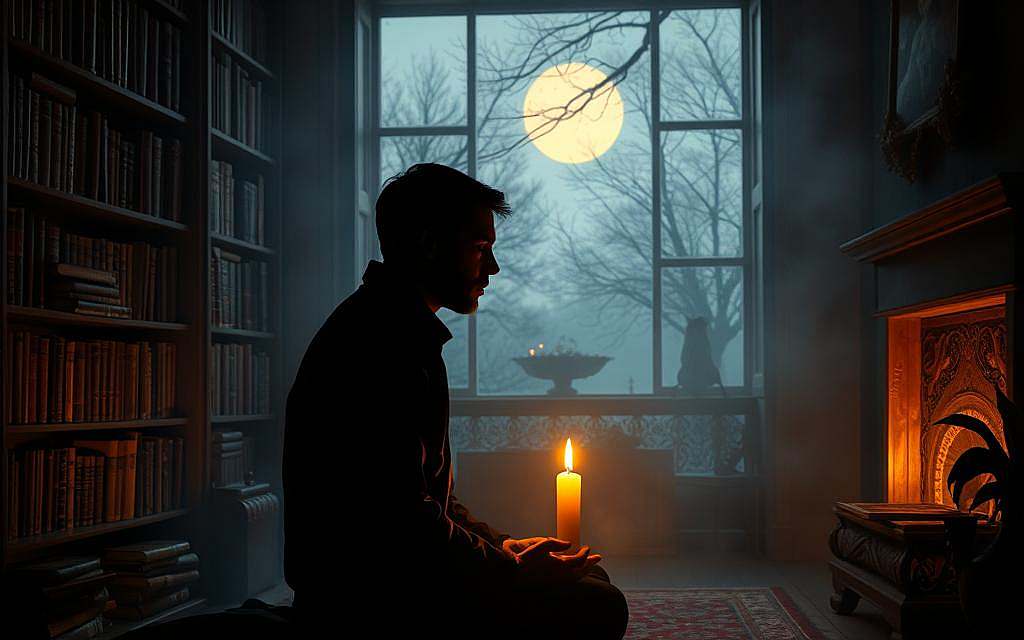 A dimly lit study, illuminated by the warm glow of a fireplace. In the foreground, a figure sits in deep contemplation, their features shadowed yet serene. Surrounding them, shelves of ancient tomes and scrolls, each carrying the weight of centuries-old wisdom. The middle ground reveals a window, offering a glimpse of a moonlit garden, where the silhouettes of trees sway gently. The background is shrouded in a hazy, contemplative atmosphere, evoking a sense of introspection and the pursuit of ethical enlightenment. A single candle casts a soft, flickering light, guiding the viewer's gaze towards the meditative figure at the heart of this scene.