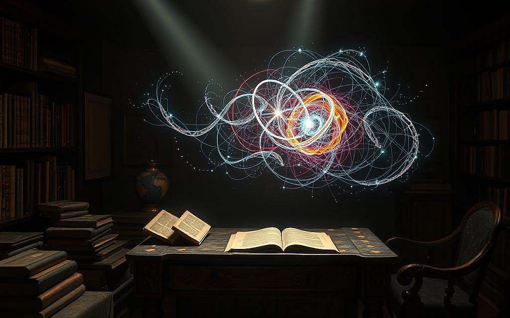A dimly lit study, where ancient tomes and scrolls spill across a weathered wooden desk. A single shaft of ethereal light filters in, casting a warm glow on a floating holographic display. This projection depicts a swirling, abstract representation of human consciousness - synaptic pathways, neural networks, and quantum fluctuations intertwined in a mesmerizing dance. The viewer is drawn into a contemplative reverie, pondering the profound philosophical implications of this enigmatic phenomenon. The atmosphere is one of quiet contemplation, inviting the observer to ponder the nature of reality, the self, and the mysteries of the mind.