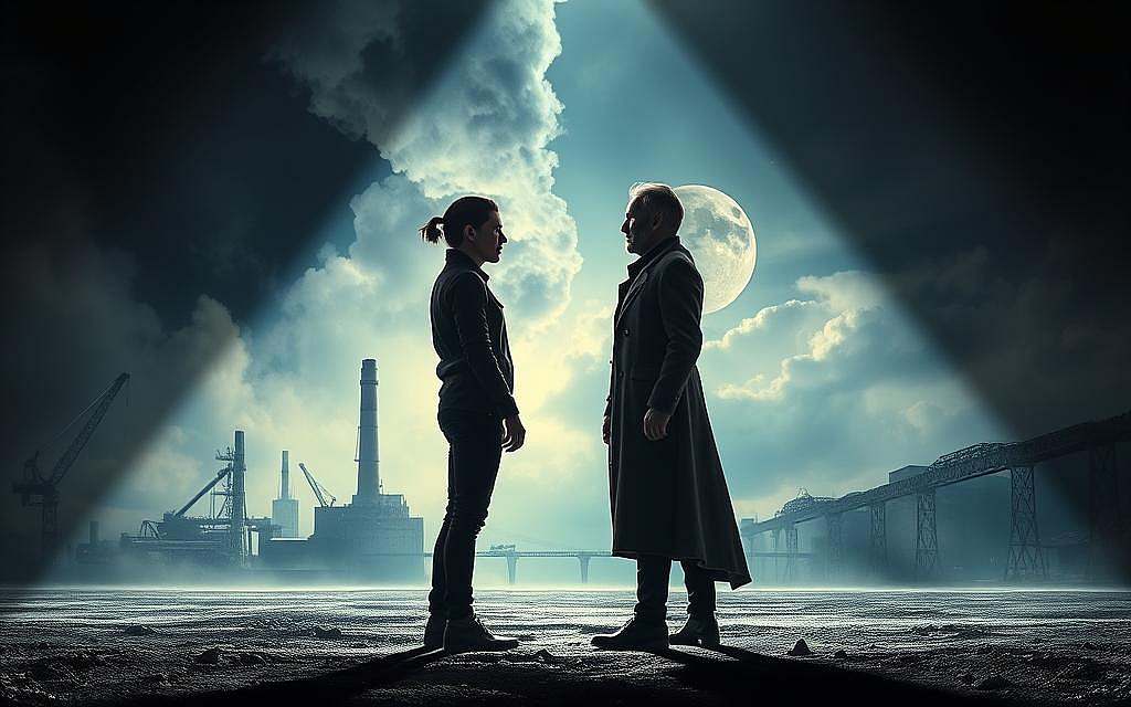 A dramatic, cinematic scene depicting the clash between Materialism and Idealism. In the foreground, two figures stand in opposition - one grounded, earthly, and pragmatic, the other ethereal, contemplative, and visionary. The background shifts between sharp, industrial elements and soft, dreamlike landscapes, symbolizing the tension between the physical and the metaphysical. Dramatic lighting casts bold shadows, creating a sense of depth and drama. The composition is balanced, with the figures in the center, surrounded by the contrasting environments. An air of intellectual discourse and philosophical inquiry permeates the scene.
