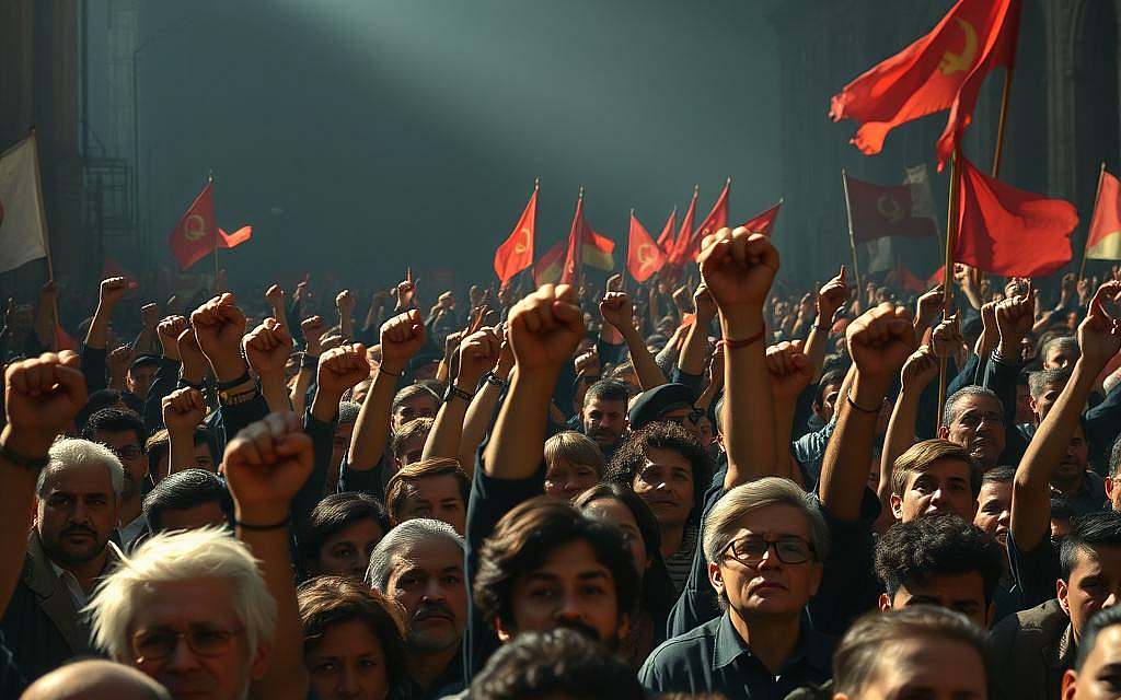 A dynamic and striking scene of class emancipation. In the foreground, a large crowd of diverse individuals raise their fists in a powerful gesture of solidarity and revolution. Their faces are resolute, determined to overthrow the oppressive social order. In the middle ground, figures march with banners and flags, symbolic of the collective struggle for a classless society. The background is shrouded in a moody, dramatic lighting, casting long shadows and adding a sense of urgency and impending change. The overall composition conveys a palpable energy, a visual manifestation of Karl Marx's vision for the emancipation of the proletariat. The scene is rendered in a realistic, cinematic style, heightening the sense of immediacy and impact.