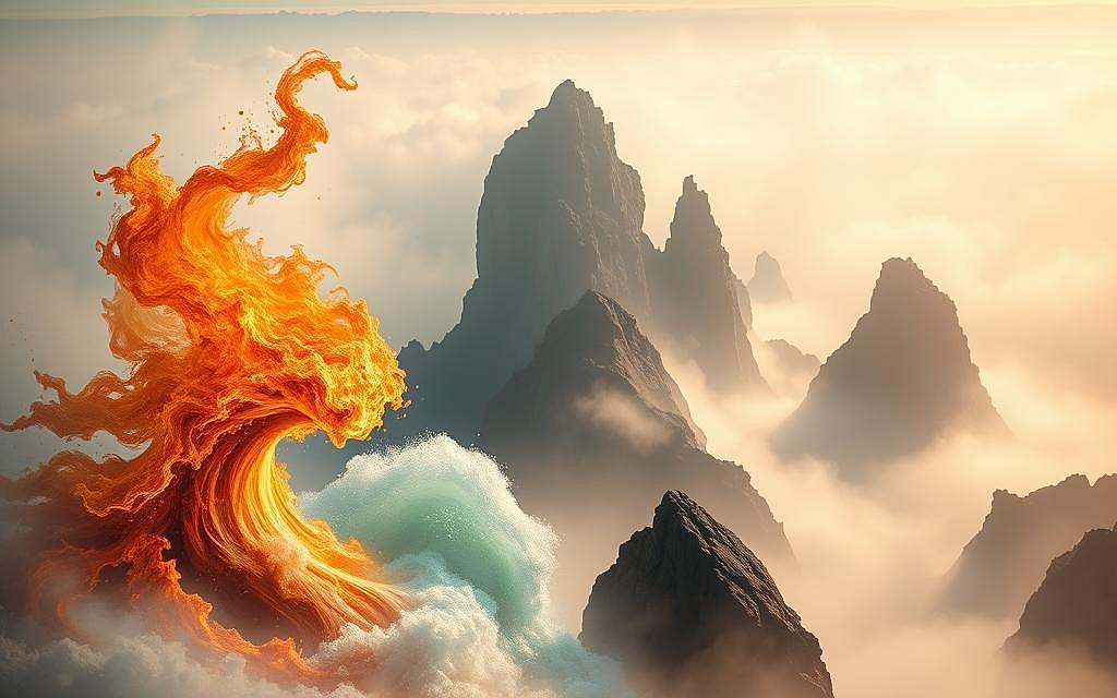 A dynamic, ethereal landscape reflecting the eternal flux and dialectic tension of Heraclitus' philosophy. In the foreground, two opposing forces clash in a swirling dance of fire and water, representing the juxtaposition of contraries that gives rise to cosmic harmony. The middle ground features towering, angular rock formations, their jagged edges carving through mist-shrouded valleys, evoking the ceaseless change and conflict inherent in the natural world. The background blends into a hazy, dreamlike expanse of shifting colors and amorphous shapes, suggesting the underlying unity that binds all phenomena. Dramatic low-angle lighting casts dramatic shadows, heightening the sense of dynamism and the ever-transforming nature of reality.