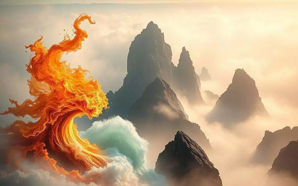 A dynamic, ethereal landscape reflecting the eternal flux and dialectic tension of Heraclitus' philosophy. In the foreground, two opposing forces clash in a swirling dance of fire and water, representing the juxtaposition of contraries that gives rise to cosmic harmony. The middle ground features towering, angular rock formations, their jagged edges carving through mist-shrouded valleys, evoking the ceaseless change and conflict inherent in the natural world. The background blends into a hazy, dreamlike expanse of shifting colors and amorphous shapes, suggesting the underlying unity that binds all phenomena. Dramatic low-angle lighting casts dramatic shadows, heightening the sense of dynamism and the ever-transforming nature of reality. A dynamic, ethereal landscape reflecting the eternal flux and dialectic tension of Heraclitus' philosophy. In the foreground, two opposing forces clash in a swirling dance of fire and water, representing the juxtaposition of contraries that gives rise to cosmic harmony. The middle ground features towering, angular rock formations, their jagged edges carving through mist-shrouded valleys, evoking the ceaseless change and conflict inherent in the natural world. The background blends into a hazy, dreamlike expanse of shifting colors and amorphous shapes, suggesting the underlying unity that binds all phenomena. Dramatic low-angle lighting casts dramatic shadows, heightening the sense of dynamism and the ever-transforming nature of reality.