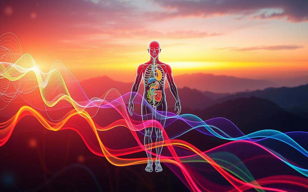 A dynamic interplay of vibrant frequencies, their intricate patterns pulsing across the canvas. In the foreground, a spectrum of wavelengths undulate, their rhythmic dance symbolizing the intricate connection between frequency and health. The middle ground reveals a detailed anatomical visualization, organs and systems intricately linked to these unseen forces. In the background, a serene, holistic landscape emerges, suggesting the harmony that can be achieved when frequencies are balanced and in sync. Soft, diffused lighting casts a warm, meditative glow, inviting the viewer to ponder the unseen forces that shape our well-being. This image conveys the profound impact of frequency on the human body, a glimpse into the future of holistic healing.