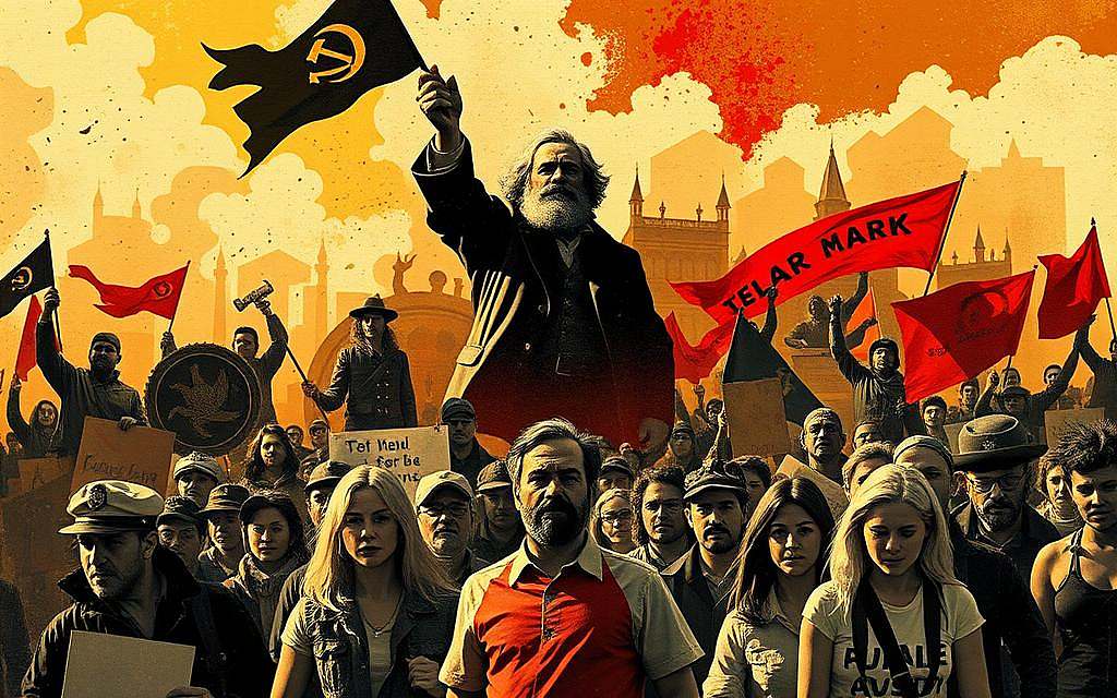 A dynamic scene depicting the lasting influence of Karl Marx's ideas on social movements throughout history. In the foreground, a diverse group of protestors marches with banners and flags, their faces alight with determination. In the middle ground, shadowy figures representing the working class rise up against the oppressive forces of capitalism, their clenched fists raised in solidarity. In the background, a collage of iconic social justice movements from different eras and regions, each bearing the unmistakable mark of Marx's revolutionary philosophy. The composition is illuminated by a warm, golden light, symbolizing the enduring power of these ideas to inspire change and transform societies. Rendered in a gritty, textured style to evoke the visceral energy of grassroots activism.