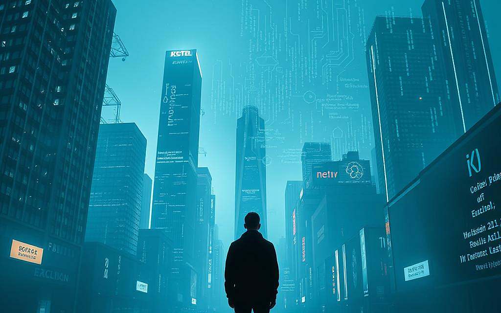 A dystopian cityscape shrouded in a digital haze, towering skyscrapers adorned with countless surveillance cameras and blinking LED displays. In the foreground, a lone figure stands, their face obscured by a reflective visor, symbolizing the pervasive monitoring and control of the modern surveillance-driven economy. The scene is bathed in a cool, eerie glow, evoking a sense of unease and the loss of individual privacy. Intricate data visualizations and code fragments float in the air, hinting at the invisible web of algorithms and data flows that shape our every move. This is the harsh reality of "Überwachungskapitalismus" - a world where our digital lives are commodified and our freedoms are steadily eroded.
