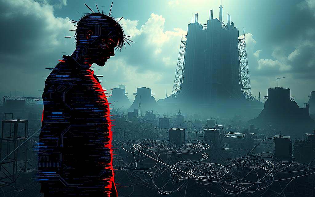 A dystopian digital landscape, shadowed by the toxicity of virtual interactions. In the foreground, a fractured, glitching figure symbolizes the distortion of identity and communication in the online realm. Hues of blue and red pulse and clash, evoking the unease and discord of digital dysfunction. The middle ground features a maze of tangled cables and circuitry, a complex web of connections gone awry. In the background, a towering monolith of data and algorithms looms, a cold, impersonal force governing the digital experience. Dramatic lighting casts sharp contrasts, highlighting the sense of isolation and disorientation. An unsettling, cinematic atmosphere pervades the scene, reflecting the toxic patterns that plague the virtual world.