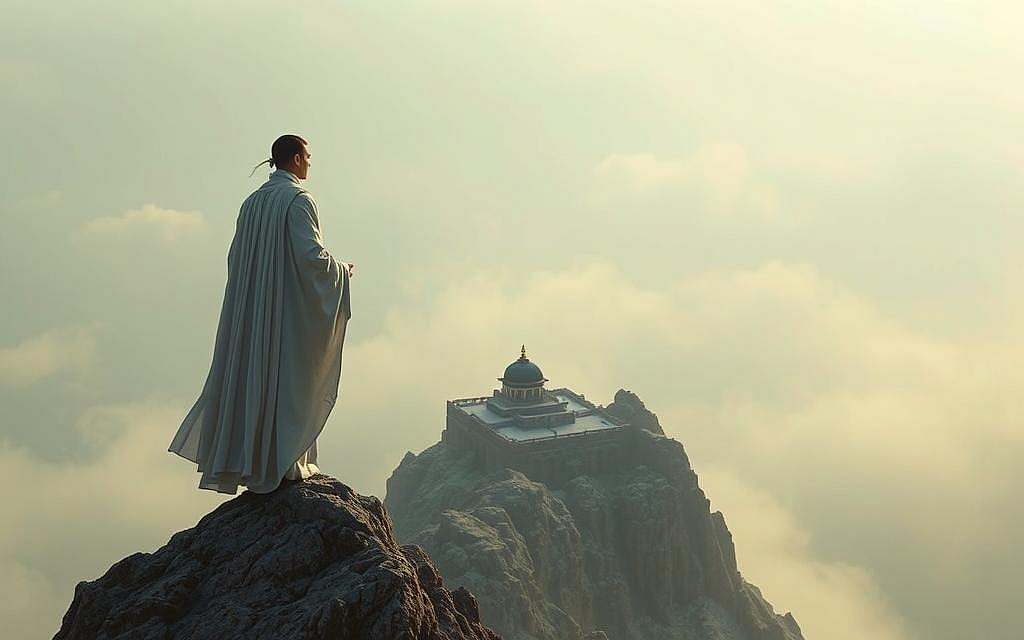 A figure in flowing, ethereal robes stands atop a towering, snow-capped mountain peak, gazing out over a vast, misty landscape. Their expression is serene, yet there is a subtle air of detachment and superiority. The lighting is soft and diffuse, casting a warm, almost otherworldly glow on the scene. In the middle ground, a small temple or monastery nestles amongst the rocky crags, hinting at the spiritual underpinnings of the figure's demeanor. The background is shrouded in mist, creating a sense of mystery and isolation. The overall mood is one of lofty, self-assured spirituality, tinged with a hint of egoistic distance from the world below.
