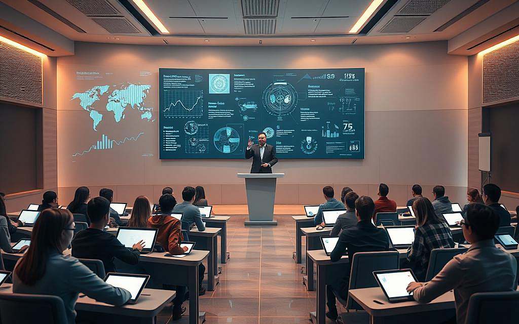 A futuristic classroom set in a sleek, minimalist interior. In the foreground, a group of students sit at curved desks, their faces illuminated by the glow of digital tablets. Behind them, a towering holographic display projects data visualizations and AI-generated lesson plans. The middle ground features a central podium, where an instructor in a smart suit gestures with their hands, commanding the attention of the class. In the background, the room is bathed in warm, diffused lighting, giving the scene an air of innovation and progress. The overall atmosphere conveys a sense of the transformative power of AI in shaping the future of education and work.