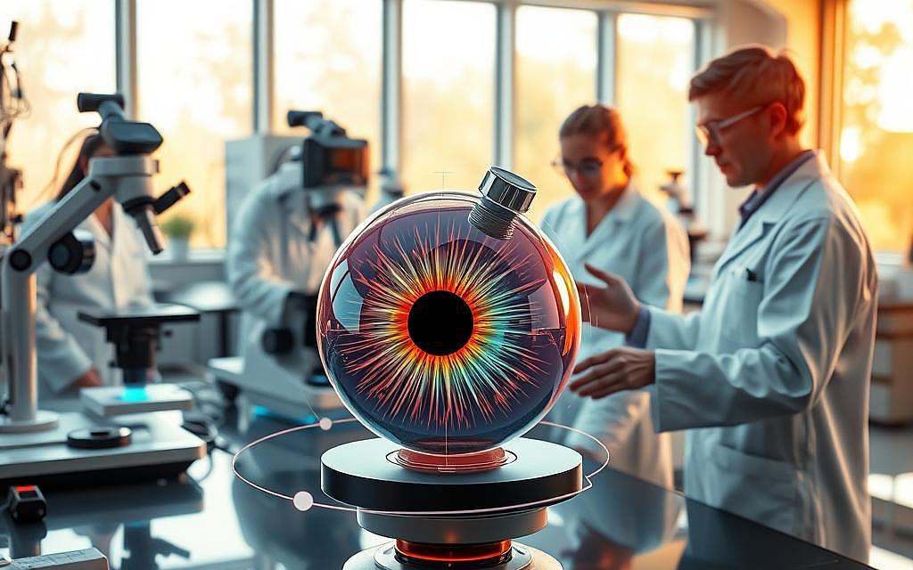 A futuristic laboratory setting, with state-of-the-art equipment and researchers in white coats examining eye samples under high-powered microscopes. The room is bathed in a warm, natural light from large windows, casting a soft glow on the various scientific instruments and data displays. In the foreground, a 3D holographic model of the human eye rotates, highlighting the intricate details of the iris and pupil. Researchers interact with the model, manipulating it to explore the complex mechanisms responsible for diverse eye colors. The overall atmosphere conveys a sense of scientific curiosity, innovation, and the endless possibilities of future advancements in the field of ophthalmology and color genetics.