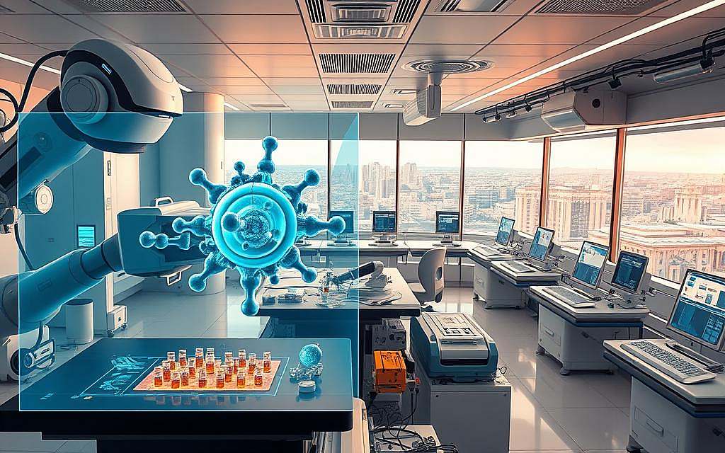 A futuristic medical laboratory, with state-of-the-art equipment and advanced technology. In the foreground, a holographic display showcases a detailed molecular model of the autophagy process, pulsing with energy. Surrounding the display, sleek robotic arms manipulate microscopic samples, guided by the keen eyes of white-coated researchers. The middle ground features rows of specialized diagnostic machines, their screens displaying intricate cellular data. In the background, a panoramic window overlooking a vibrant cityscape, symbolizing the integration of this cutting-edge research into the broader medical landscape. Soft, directional lighting casts a warm, yet clinical glow, conveying a sense of progress and innovation in the field of autophagy.