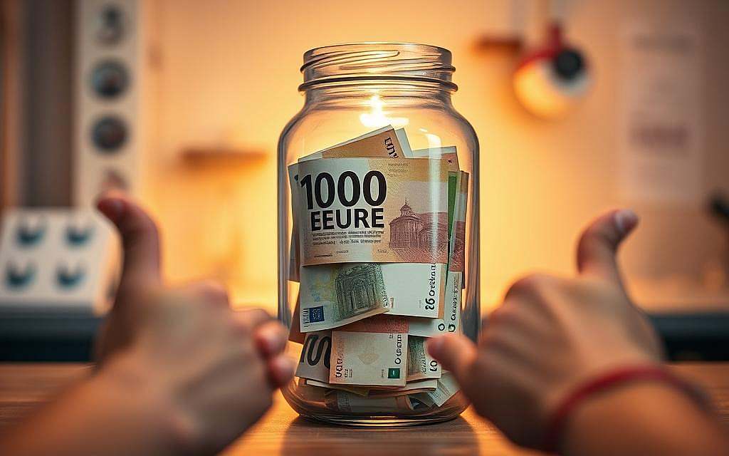 A glass jar filled with 100,000 euro banknotes, backlit by a warm, golden light. The jar sits atop a wooden table, its contents clearly visible through the transparent glass. In the foreground, a pair of hands gesture towards the jar, drawing the viewer's attention to the monetary prize. The scene is captured from a low angle, emphasizing the impressive scale of the offering. The background is softly blurred, creating a sense of focus and depth, with subtle hints of a scientific or laboratory-like setting. The overall mood is one of intrigue and anticipation, inviting the viewer to consider the nature of the "Masern-Wette" and its potential implications.