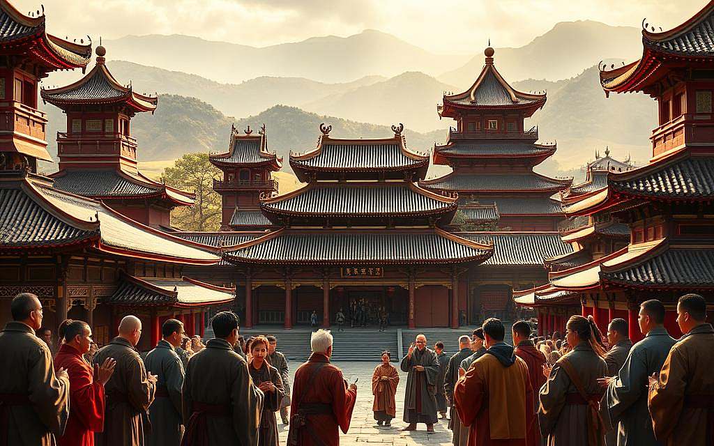 A grand and ornate temple complex, its roofs and facades adorned with intricate carvings and vibrant colors, stands majestically against a backdrop of rolling hills. Towering pagodas and ornamental gateways hint at the influential legacy of Confucianism, which has profoundly shaped Chinese history and culture over centuries. In the foreground, scholars and philosophers engage in deep discussion, their robes and gestures conveying the intellectual rigor and moral teachings of this enduring philosophical tradition. Shafts of warm, golden light illuminate the scene, creating an atmosphere of reverence and timeless wisdom. The composition captures the essence of Confucianism's lasting impact on the Chinese civilization.