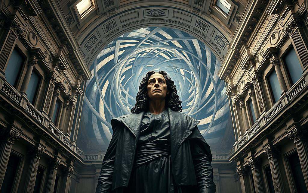 A grand, ornate baroque interior, with intricate architectural details and ornate moldings. In the center, a majestic figure of Baruch Spinoza stands tall and resolute, his gaze transfixed as if contemplating the profound concepts of determinism and free will. The lighting is dramatic, casting deep shadows and highlights that accentuate the philosopher's pensive expression. In the background, a swirling vortex of geometric shapes and patterns symbolizes the interconnected nature of the universe, Spinoza's vision of Deus sive Natura. The overall atmosphere is one of intellectual gravitas and metaphysical contemplation. A grand, ornate baroque interior, with intricate architectural details and ornate moldings. In the center, a majestic figure of Baruch Spinoza stands tall and resolute, his gaze transfixed as if contemplating the profound concepts of determinism and free will. The lighting is dramatic, casting deep shadows and highlights that accentuate the philosopher's pensive expression. In the background, a swirling vortex of geometric shapes and patterns symbolizes the interconnected nature of the universe, Spinoza's vision of Deus sive Natura. The overall atmosphere is one of intellectual gravitas and metaphysical contemplation.