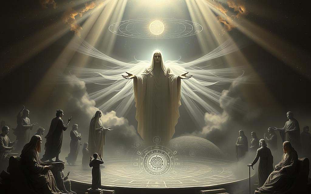 A grand philosophical tableau depicting Spinoza's metaphysical concepts of Substance, Attributes, and Modes. In the foreground, a grand, ethereal figure representing the singular divine Substance, shrouded in a hazy, luminescent aura. Radiating from this central Substance, a series of distinct Attributes - thought, extension, and others - each manifested as majestic, allegorical personifications. In the middle ground, these Attributes give rise to a multitude of interconnected Modes, represented as a swirling, organic array of intricate, symbolic forms. The background is a vast, cosmic expanse, hinting at the infinite and eternal nature of Spinoza's pantheistic worldview. The lighting is dramatic, with shafts of celestial illumination piercing the ethereal scene. The overall atmosphere is one of contemplative wonder, capturing the profound essence of Spinoza's philosophical synthesis of God and Nature. A grand philosophical tableau depicting Spinoza's metaphysical concepts of Substance, Attributes, and Modes. In the foreground, a grand, ethereal figure representing the singular divine Substance, shrouded in a hazy, luminescent aura. Radiating from this central Substance, a series of distinct Attributes - thought, extension, and others - each manifested as majestic, allegorical personifications. In the middle ground, these Attributes give rise to a multitude of interconnected Modes, represented as a swirling, organic array of intricate, symbolic forms. The background is a vast, cosmic expanse, hinting at the infinite and eternal nature of Spinoza's pantheistic worldview. The lighting is dramatic, with shafts of celestial illumination piercing the ethereal scene. The overall atmosphere is one of contemplative wonder, capturing the profound essence of Spinoza's philosophical synthesis of God and Nature.