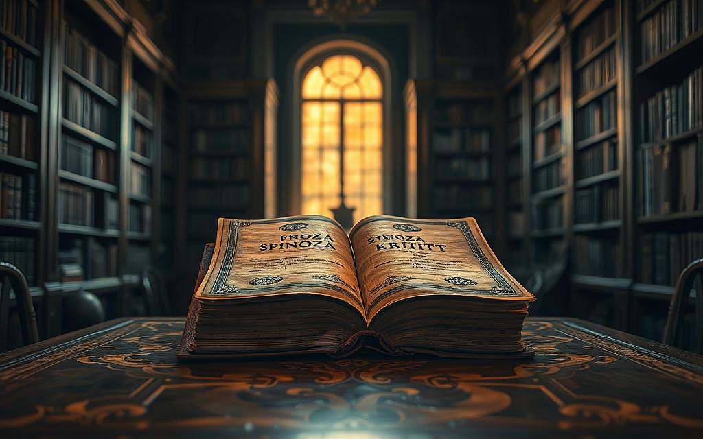 A grand philosophical tome, "Spinoza Kritik", rests upon an ornate wooden table, surrounded by a halo of warm, golden light. The book's weathered leather cover and intricate etchings hint at the profound ideas within, as if inviting the viewer to delve into the complexities of Spinoza's groundbreaking work. In the background, a dimly lit study exudes an atmosphere of intellectual contemplation, with bookshelves lining the walls and a single, tall window casting a soft, diffused glow. The overall scene conveys a sense of reverence and scholarly dedication, hinting at the enduring legacy and impact of Spinoza's philosophical masterpiece. A grand philosophical tome, "Spinoza Kritik", rests upon an ornate wooden table, surrounded by a halo of warm, golden light. The book's weathered leather cover and intricate etchings hint at the profound ideas within, as if inviting the viewer to delve into the complexities of Spinoza's groundbreaking work. In the background, a dimly lit study exudes an atmosphere of intellectual contemplation, with bookshelves lining the walls and a single, tall window casting a soft, diffused glow. The overall scene conveys a sense of reverence and scholarly dedication, hinting at the enduring legacy and impact of Spinoza's philosophical masterpiece.