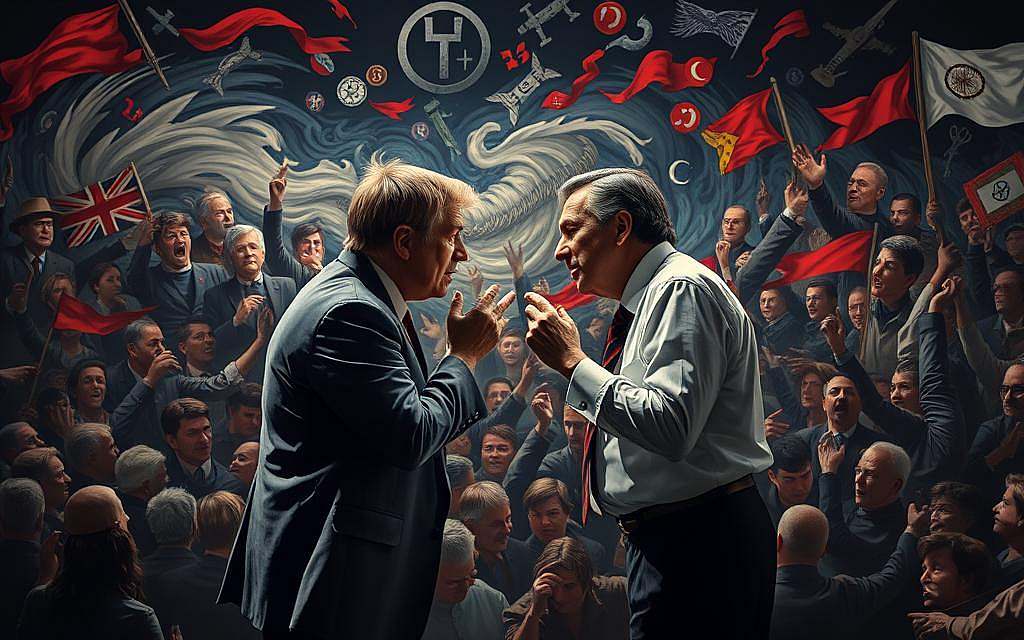 A heated political debate set against a backdrop of polarized societal tensions. In the foreground, two figures locked in an intense argument, their bodies language conveying the weight of their disagreement. Surrounding them, a swirling sea of contrasting ideologies, represented by clashing symbols and motifs. Harsh lighting casts dramatic shadows, emphasizing the stark divisions. The atmosphere is one of uncompromising rigidity, where neither side seems willing to find common ground. This image aims to capture the cultural and political dimensions of the human tendency to prioritize being right over finding happiness.