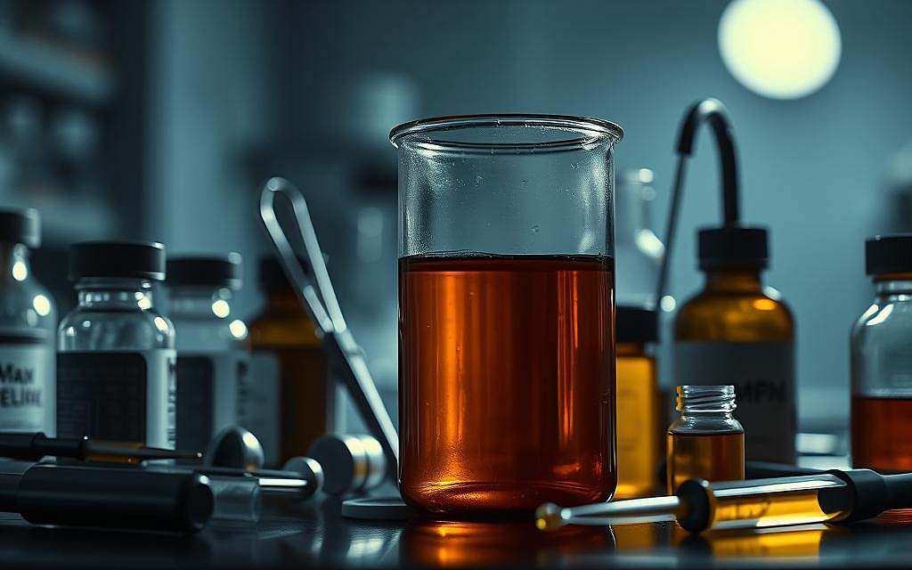 A high-contrast, cinematic close-up of various medical instruments and vials, centered on a glass beaker filled with a viscous, amber-colored liquid resembling petroleum. The background is a dimly lit, sterile laboratory setting, with muted colors and a sense of scientific precision. The lighting is dramatic, casting shadows and highlights that accentuate the textures and forms of the objects. The composition draws the viewer's eye to the beaker, suggesting the potential use of petroleum in alternative or complementary medical treatments. The overall mood is one of intrigue and the exploration of the intersection between traditional and unconventional approaches to healing.
