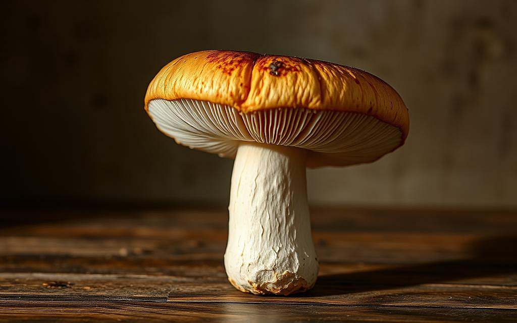 A high-quality Agaricus blazei Murill mushroom in a softly lit, rustic setting. The mushroom's cap is evenly rounded, its gills are dense and uniform, and its stem is straight and sturdy. The surface has a warm, velvety texture, showcasing the mushroom's prime freshness. The lighting casts gentle shadows, highlighting the mushroom's contours and natural beauty. The background is muted, with subtle hints of earthy tones to create a harmonious, natural atmosphere. The composition is balanced, drawing the viewer's attention to the central mushroom specimen. Overall, this image conveys the quality and care required for a high-grade Agaricus blazei Murill mushroom.