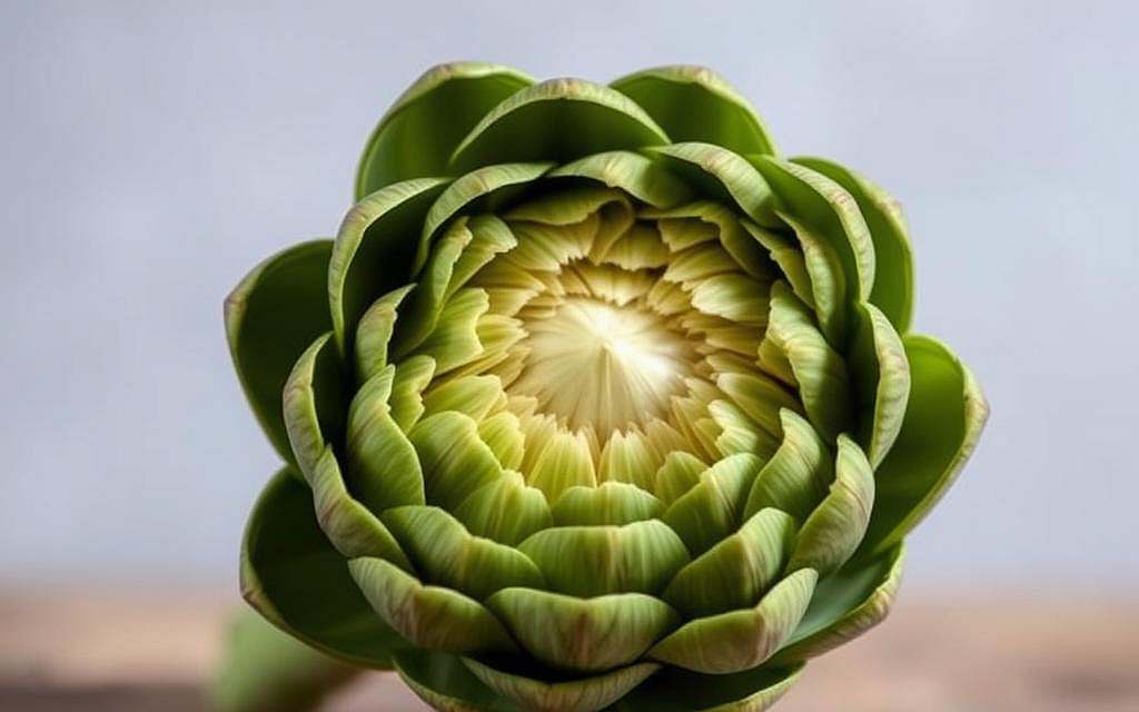 A high-quality artichoke in the foreground, its leaves unfurling to reveal the tender heart, illuminated by soft, natural lighting. The artichoke is set against a blurred, neutral background, allowing the vegetable to take center stage. The image conveys a sense of culinary delight and nutritional richness, highlighting the artichoke's status as a mineral-dense superfood. The overall composition is clean, balanced, and inviting, showcasing the artichoke's delicate beauty and inner bounty of essential vitamins and minerals.