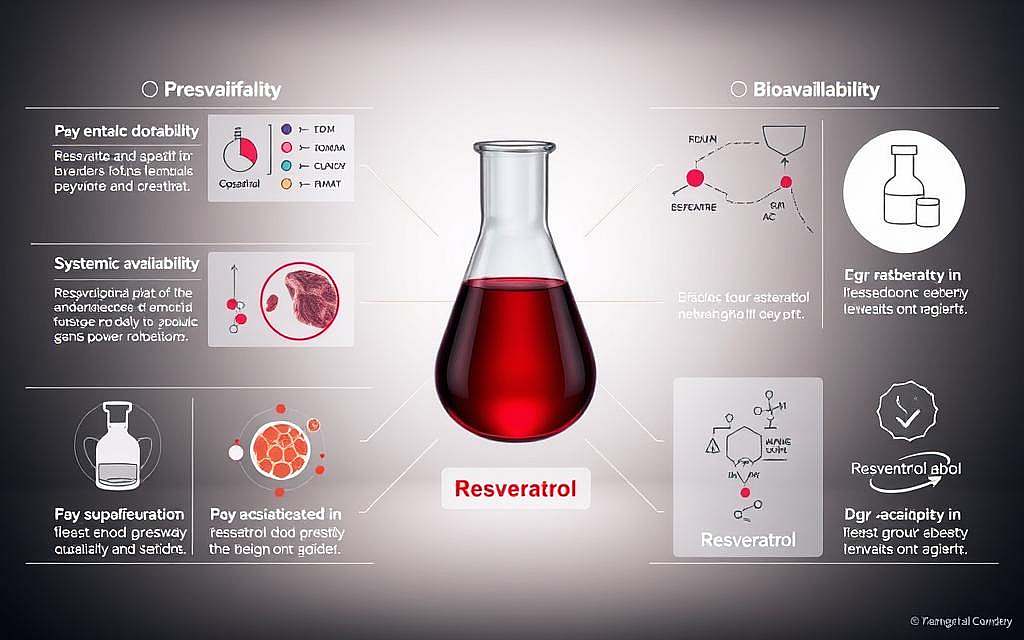 A high-quality scientific illustration showcasing the key concepts of resveratrol dosage and bioavailability. The image features a centered glass beaker filled with a deep red liquid, representing a concentrated resveratrol solution. Surrounding the beaker are carefully labeled infographics and diagrams detailing the relationships between dosage, absorption, and systemic availability of this important antioxidant compound. The overall lighting is clean and professional, with a subtle depth-of-field blur to draw the viewer's attention to the central beaker. The background is a muted, neutral color palette, allowing the scientific information to take center stage. The overall tone is educational, informative, and visually engaging.