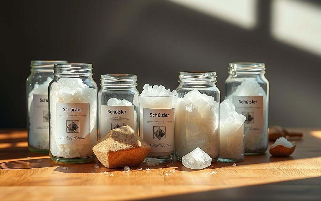 A high-quality still life scene showcasing various Schüßler salts in glass jars, arranged artfully on a wooden surface. The jars are backlit, casting soft, warm shadows that create depth and dimension. The lighting is natural, with gentle highlights accentuating the crystalline structures within the jars. The focus is sharp, allowing the viewer to clearly see the purity and vibrancy of the mineral salts. The composition is balanced, with the jars positioned in a visually pleasing layout. The overall mood is one of simplicity, quality, and the natural healing power of these essential minerals.