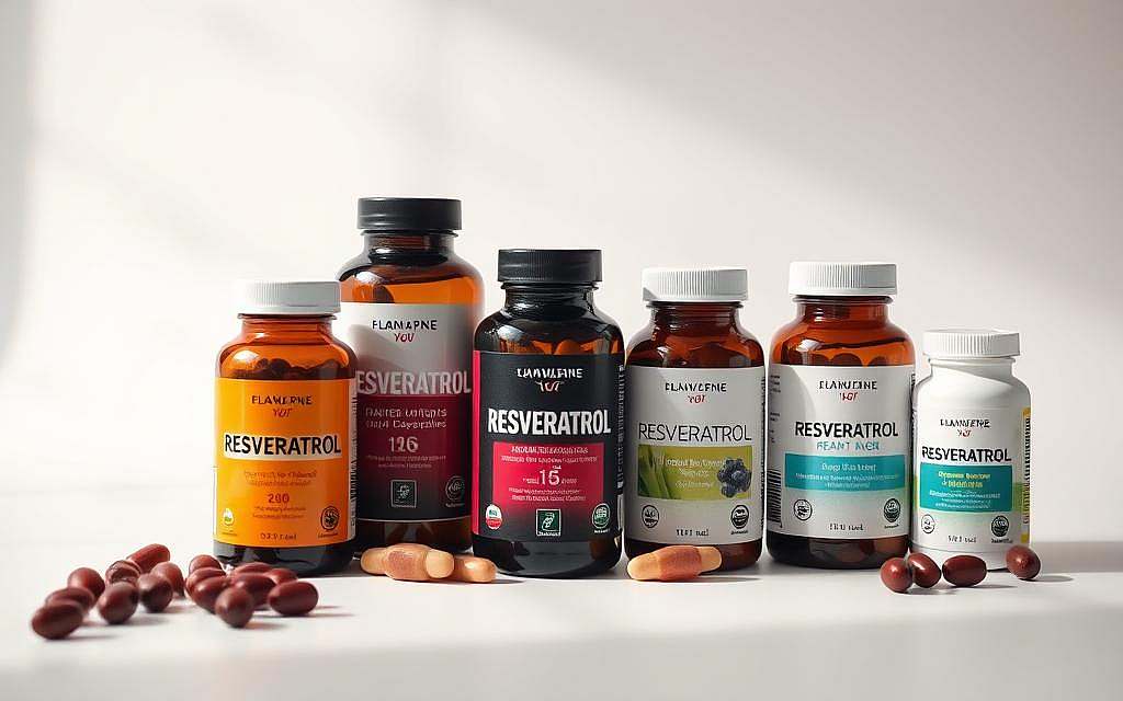 A high-quality, well-lit photograph of a set of Resveratrol supplements displayed on a clean, minimalist white background. The supplements should be arranged neatly, showcasing their various packaging and labeling details such as milligram strength, purity, and certifications. The lighting should be soft and evenly distributed, highlighting the colors and textures of the products. The angle should be slightly elevated to provide an engaging, professional perspective. The overall atmosphere should convey a sense of trustworthiness, scientific rigor, and consumer-focused quality assurance.