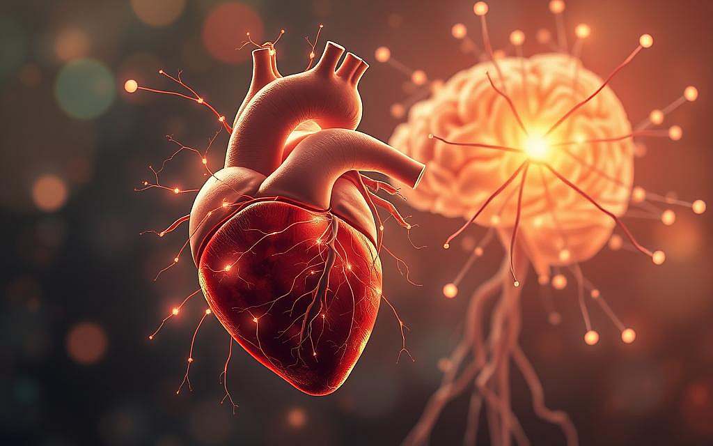 A high-resolution, detailed illustration depicting the connection between the heart and the brain. In the foreground, a stylized cross-section of the human heart, with glowing neural pathways extending from it. In the background, an intricate neural network representing the brain, connected to the heart via delicate threads of energy. The scene is bathed in a warm, soft light, creating a sense of wonder and contemplation. The composition emphasizes the intimate, symbiotic relationship between these two vital organs, conveying the scientific principles underlying the heart-brain connection.
