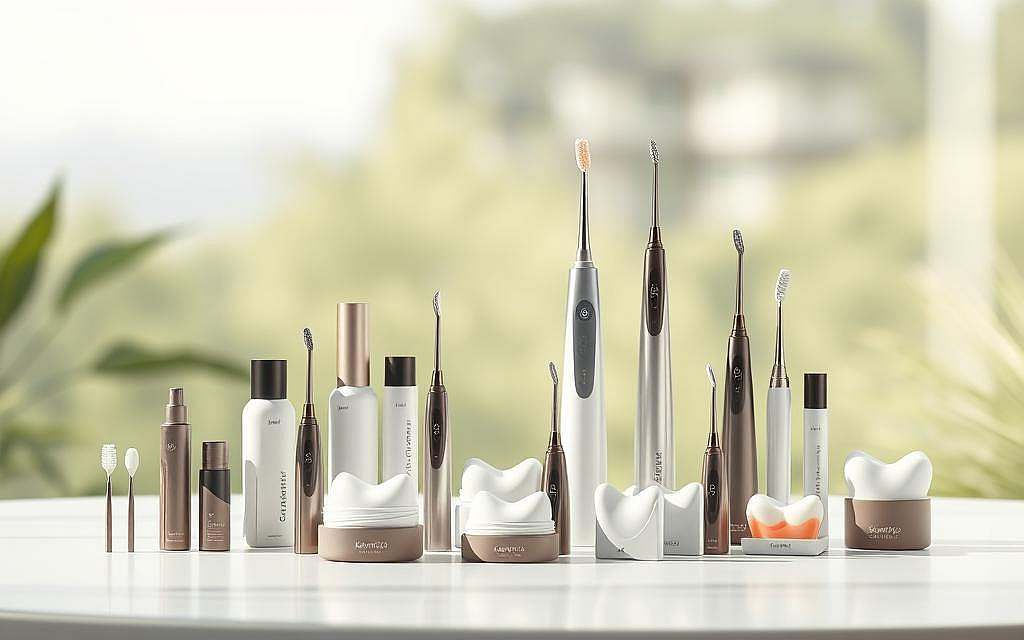 A high-resolution, detailed image of the Kamistad product lineup displayed on a clean, minimalist table against a soft, blurred natural background. The products are arranged in an attractive, symmetrical composition, showcasing their sleek, modern designs and variety of sizes and shapes. Gentle, diffused natural lighting highlights the products' textures and colors, creating a sense of depth and clarity. The overall mood is one of sophistication, professionalism, and high-quality craftsmanship, reflecting the specialized nature of Kamistad's alternative dental products.