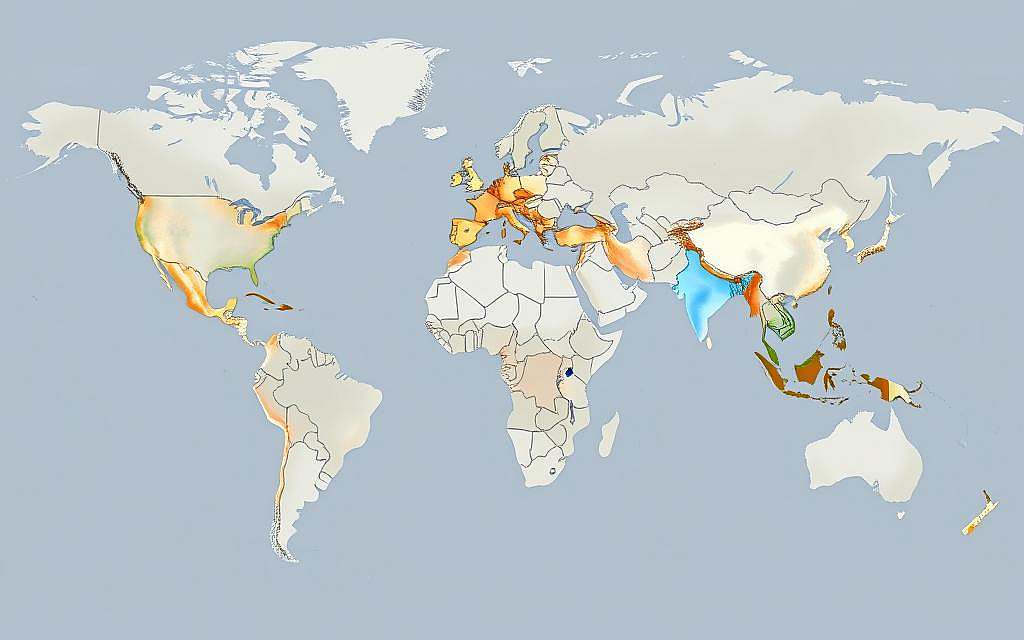 A high-resolution, global map depicting the geographic distribution of human eye color variations. The map should show distinct patterns and gradients, highlighting the diverse ethnic and regional differences in iris pigmentation. The landmasses should be rendered with a subtle, muted color palette, allowing the eye color data to take visual precedence. Use a cool, slightly desaturated lighting to convey an objective, scientific tone. Depict the data with precision, using a clean, minimalist aesthetic that emphasizes the underlying trends and correlations. The overall composition should strike a balance between factual clarity and aesthetic appeal, creating an impactful visual representation of this anthropological phenomenon.