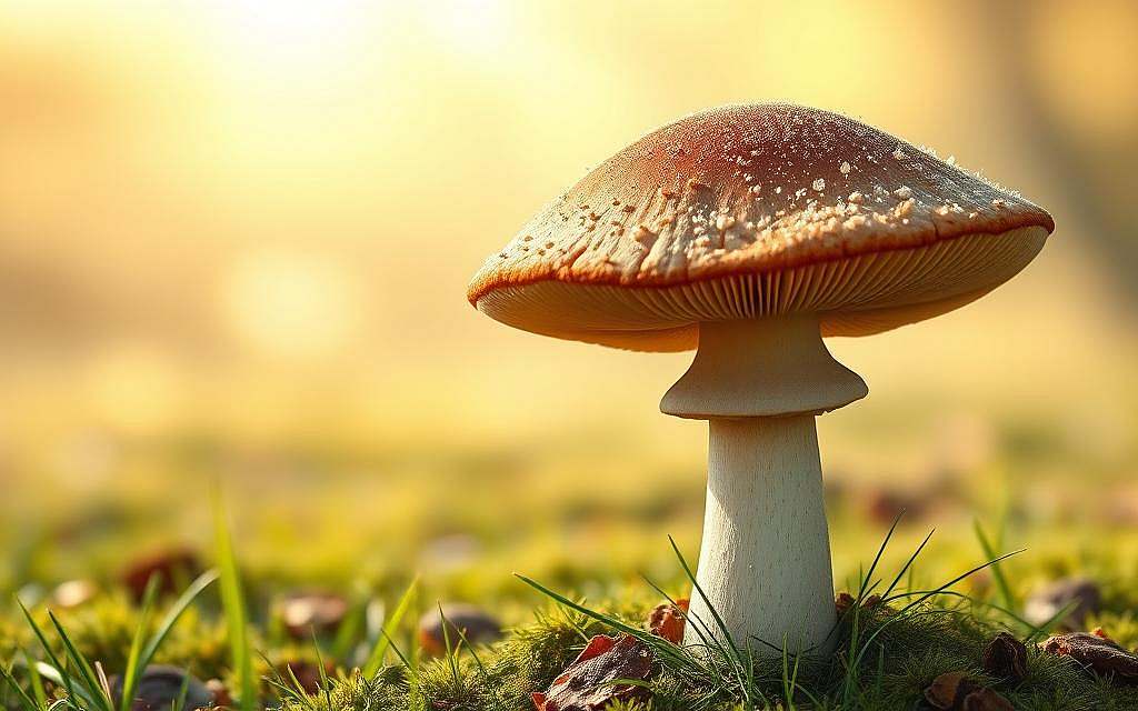A high-resolution, highly detailed, and scientifically accurate illustration of the Agaricus blazei Murill fungus, also known as the "Almond mushroom" or "Royal Sun Agaricus". The mushroom is shown in the foreground, with its characteristic brown cap, thick stem, and delicate gills visible. The middle ground features a softly blurred, natural setting, such as a lush forest floor or a grassy meadow, to provide context. The background is a warm, diffused light that creates a serene, contemplative atmosphere, highlighting the mushroom's natural beauty and its potential therapeutic properties. The overall composition conveys a sense of scientific study and reverence for the subject matter.