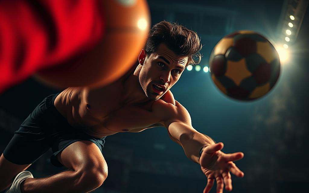 A high-speed, low-angle action shot of an athlete anticipating the trajectory of a ball in a tense sports match. The player is captured mid-lunge, their muscles taut and eyes laser-focused, positioned to intercept the incoming projectile. Dramatic chiaroscuro lighting casts dramatic shadows, heightening the drama and sense of kinetic energy. The background is blurred, emphasizing the athlete's intense concentration and rapid reflexes as they outmaneuver their opponent. An atmosphere of suspense and athletic prowess permeates the scene, evoking the thrill and split-second decision-making inherent to competitive sports.