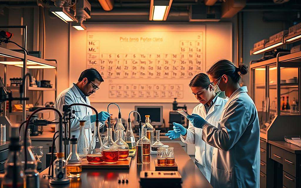 A high-tech laboratory interior with modern equipment and scientists in white lab coats conducting experiments on petroleum samples. Warm, focused lighting illuminates the scene, casting dramatic shadows and highlights across the various beakers, test tubes, and specialized instruments. In the background, a large, detailed periodic table or molecular structure diagram adorns the wall, underscoring the scientific nature of the research. An atmosphere of careful observation and discovery pervades the space, hinting at the secrets and potential of this natural resource.