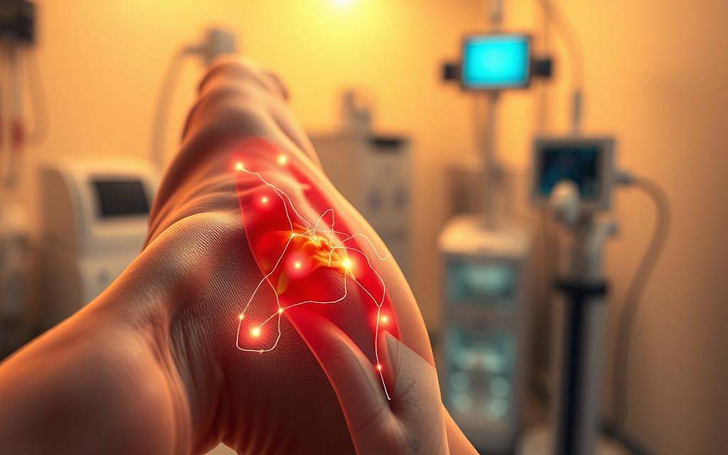 A highly detailed and realistic medical illustration showcasing the customized microcurrent therapy for a patient. Crisp focus on the foreground, depicting the cross-section of a human limb, with intricate anatomical structures and cells visible. Subtle glowing microcurrent pathways illuminating the tissues, symbolizing the therapeutic energy flow. The background is a blurred, warm-toned medical laboratory setting, with hints of diagnostic equipment and scientific instruments. Soft, directional lighting casts dramatic shadows, emphasizing the three-dimensional volume of the subject. The overall mood is one of clinical precision, innovation, and the synergy between technology and the human body.