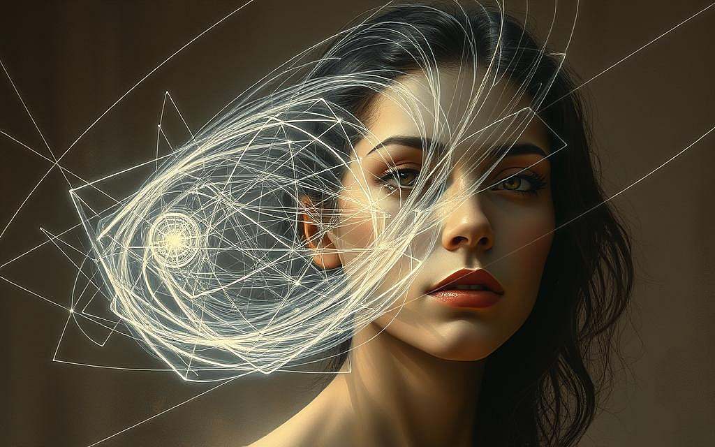 a highly detailed, hyperrealistic digital painting depicting the human psyche and its perception of parallel timelines and dimensions. the scene shows a female figure, her face partially obscured by a swirling vortex of shimmering, translucent lines and geometric shapes that seem to both converge and diverge, creating an effect of depth and multiplicity. the figure's expression is pensive, almost melancholic, as she seems to gaze inward, contemplating the nature of her own consciousness and its relationship to the fabric of reality. the background is rendered in muted, earthy tones, conveying a sense of mystery and introspection. dramatic lighting from an unseen source casts dramatic shadows, heightening the sense of depth and atmosphere. the overall effect is one of visual poetry, exploring the intersection of the human psyche, quantum physics, and the metaphysical quest for self-understanding.