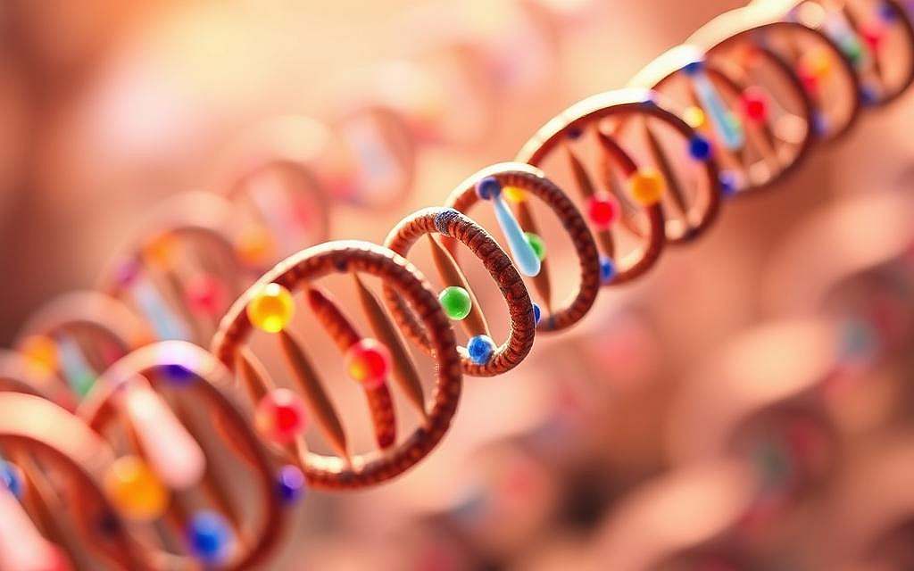 A highly detailed illustration of the "augenfarbe-gene", the key genetic factors responsible for determining eye color. The image depicts a close-up view of several DNA strands, each with distinct color-coded segments representing the various genes involved in eye pigmentation. The strands are illuminated by a warm, soft light, creating an inviting and informative scientific visualization. The background is subtly blurred, keeping the focus on the intricately rendered genetic structure in the foreground. The overall composition conveys a sense of wonder and curiosity about the intricate biological mechanisms that give rise to the diverse array of human eye colors.