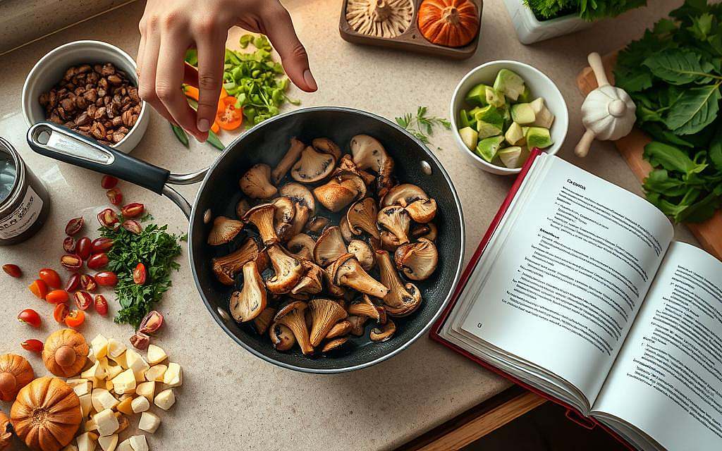 A kitchen scene with a person preparing a dish featuring Agaricus Blazei Murill mushrooms. The mushrooms are sliced and sautéed in a pan, their earthy aroma filling the air. Chopped vegetables, herbs, and spices surround the pan, ready to be added to the dish. Warm, indirect lighting casts a cozy glow, and the countertop is clean and organized, reflecting the practical, everyday nature of the preparation. The person's hands are visible, demonstrating the simple yet effective ways to incorporate this medicinal mushroom into a nutritious, home-cooked meal. An open cookbook or recipe card provides guidance, underscoring the accessibility and versatility of Agaricus Blazei Murill in everyday cooking.