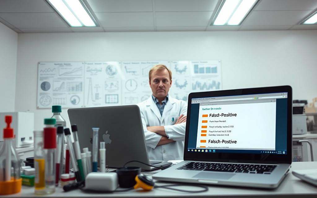 A laboratory setting with bright, fluorescent lighting overhead, casting a sterile, clinical atmosphere. In the foreground, a cluttered desk with various medical equipment - pipettes, test tubes, and a laptop displaying a set of diagnostic test results. The results prominently feature the words "Falsch-Positive" in bold lettering, highlighting the inaccurate finding. In the middle ground, a scientist in a white lab coat, brow furrowed in confusion, examining the results with a look of concern. In the background, a wall-mounted display showcases a series of medical diagrams and graphs, further emphasizing the scientific context. The overall scene conveys the idea of a flawed testing process, the unreliability of certain diagnostic tools, and the need for a more nuanced understanding of test accuracy.