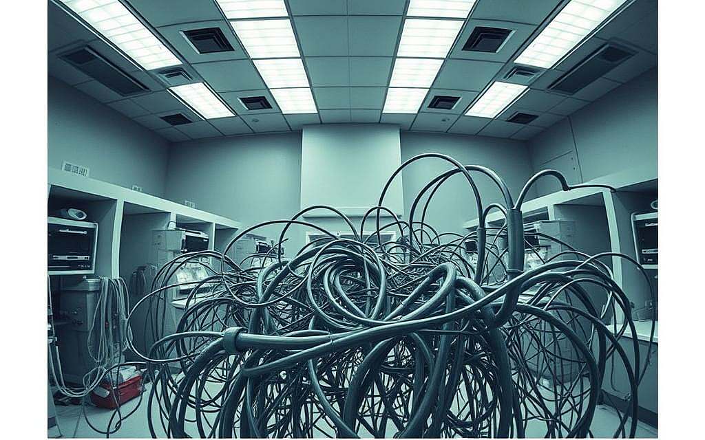 A large, imposing medical laboratory looms in the background, its sterile walls and clinical lighting conveying a sense of authoritative control. In the foreground, a tangled web of medical tubing and diagnostic equipment dominates the scene, symbolizing the overreliance and dependency on PCR testing within the conventional healthcare system. The mood is one of unease and uncertainty, with the rigid, institutional setting juxtaposed against the seemingly complex and opaque nature of the testing process. The scene is captured through a wide-angle lens, creating a sense of depth and emphasizing the scale and pervasiveness of the PCR-test dependency within the medical establishment.
