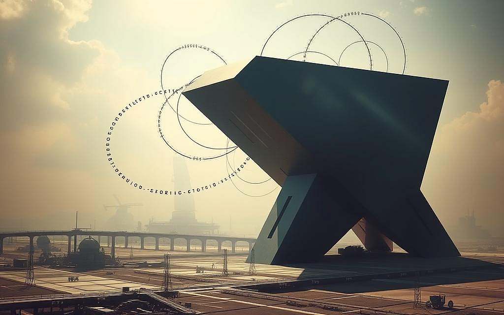 A large, imposing structure dominates the scene, its angular lines and sleek surfaces suggesting advanced technology. Algorithms, represented as flowing lines of code, swirl around the structure, intertwining with gears and cogs that seem to control its movement. In the background, a hazy, dystopian landscape unfolds, hinting at the broader societal implications of this technological control. The lighting is harsh and unsettling, casting long shadows that obscure the true nature of the mechanisms at work. The overall impression is one of unease and uncertainty, as the viewer is left to ponder the delicate balance between technological progress and ideological manipulation.