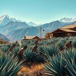 A large, traditional agave farm nestled in a lush, mountainous landscape. In the foreground, workers carefully harvest the spiky, blue-green agave plants, their weathered hands expertly cutting the thick leaves. In the middle ground, a rustic, wooden structure houses the agave syrup production facility, with steam gently rising from its chimneys. The background features towering, snow-capped peaks and a vibrant, azure sky, creating a sense of scale and grandeur. The scene is bathed in warm, golden sunlight, casting long shadows and highlighting the intricate textures of the agave leaves and the workers' garments. The overall mood is one of traditional, artisanal production in harmony with the natural environment.