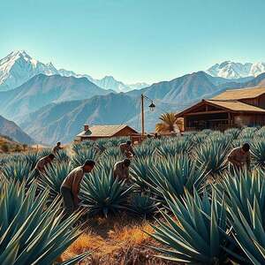 A large, traditional agave farm nestled in a lush, mountainous landscape. In the foreground, workers carefully harvest the spiky, blue-green agave plants, their weathered hands expertly cutting the thick leaves. In the middle ground, a rustic, wooden structure houses the agave syrup production facility, with steam gently rising from its chimneys. The background features towering, snow-capped peaks and a vibrant, azure sky, creating a sense of scale and grandeur. The scene is bathed in warm, golden sunlight, casting long shadows and highlighting the intricate textures of the agave leaves and the workers' garments. The overall mood is one of traditional, artisanal production in harmony with the natural environment.