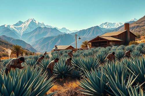 A large, traditional agave farm nestled in a lush, mountainous landscape. In the foreground, workers carefully harvest the spiky, blue-green agave plants, their weathered hands expertly cutting the thick leaves. In the middle ground, a rustic, wooden structure houses the agave syrup production facility, with steam gently rising from its chimneys. The background features towering, snow-capped peaks and a vibrant, azure sky, creating a sense of scale and grandeur. The scene is bathed in warm, golden sunlight, casting long shadows and highlighting the intricate textures of the agave leaves and the workers' garments. The overall mood is one of traditional, artisanal production in harmony with the natural environment.