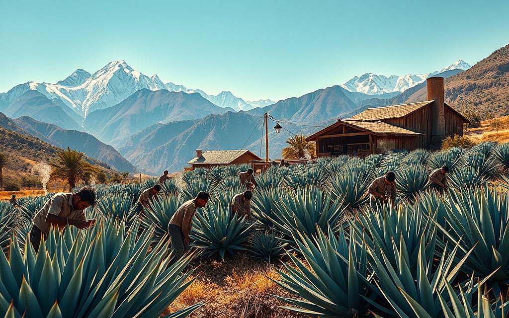 A large, traditional agave farm nestled in a lush, mountainous landscape. In the foreground, workers carefully harvest the spiky, blue-green agave plants, their weathered hands expertly cutting the thick leaves. In the middle ground, a rustic, wooden structure houses the agave syrup production facility, with steam gently rising from its chimneys. The background features towering, snow-capped peaks and a vibrant, azure sky, creating a sense of scale and grandeur. The scene is bathed in warm, golden sunlight, casting long shadows and highlighting the intricate textures of the agave leaves and the workers' garments. The overall mood is one of traditional, artisanal production in harmony with the natural environment.
