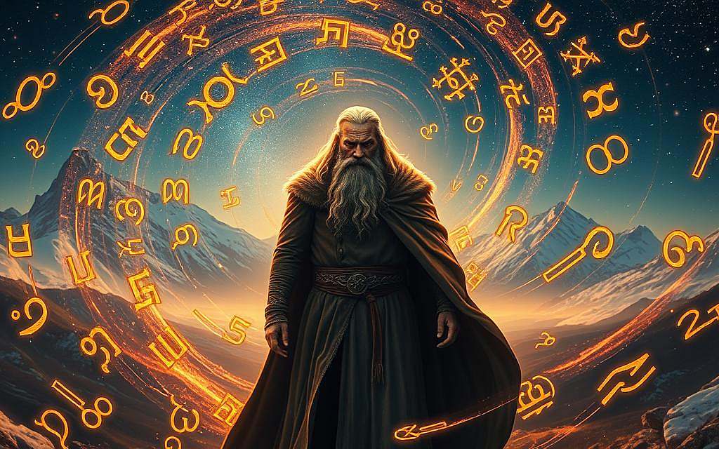 A lone figure, Odin the All-Father, stands amidst a swirling vortex of ancient Nordic runes. Dressed in a billowing cloak, his weathered face is shrouded in a wise, contemplative expression. Around him, the runes dance and glimmer, their intricate symbols pulsing with mystical energy. The scene is bathed in a warm, golden light, casting a reverent, otherworldly glow. In the background, a panoramic vista of snow-capped mountains and a starry night sky serve as a grand, mythic backdrop. The composition evokes a sense of divine inspiration, where Odin taps into the profound wisdom and magic of the runic script, connecting the mortal and immortal realms.
