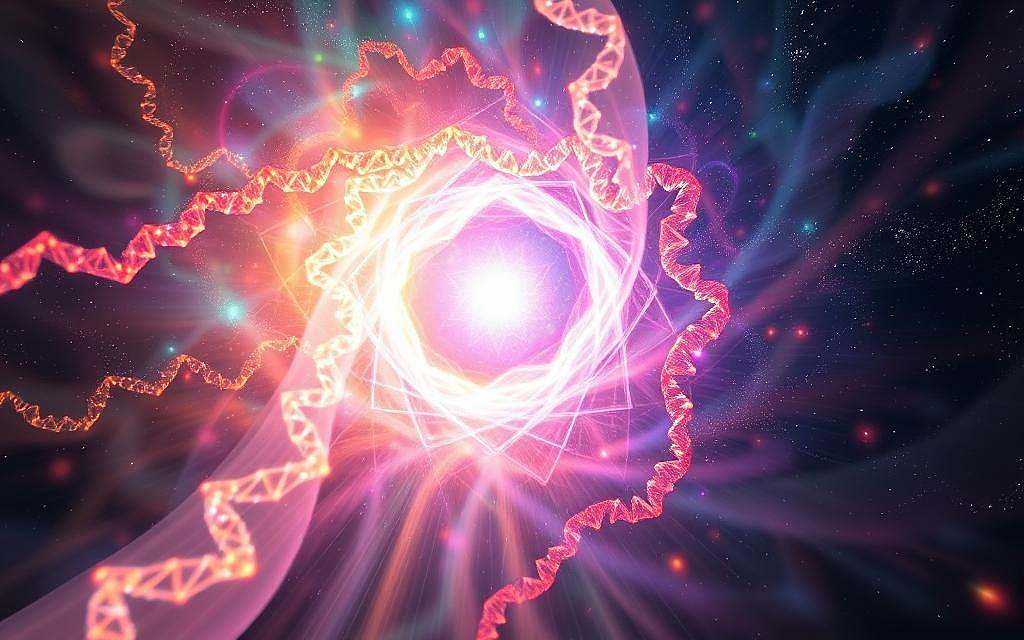 A luminous, ethereal manifestation of the eighth DNA strand, swirling with vibrant hues and intricate geometric patterns. In the foreground, a shimmering portal of light opens, revealing a kaleidoscopic landscape of infinite potential. Cascading energy fields in the middle ground pulse with the rhythm of creation, while in the background, a cosmic backdrop of stars and galaxies sets the stage for this transformative moment. Soft, diffuse lighting bathes the scene, imbuing it with a sense of mystical wonder and profound spiritual awakening. Captured through a wide-angle lens, this image conveys the boundless power of the eighth strand, the key to unlocking the secrets of manifestation and divine creativity.