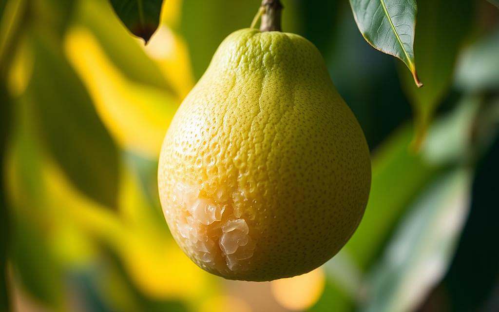 A lush, ripe guava fruit suspended in a soft, natural light, revealing its vibrant green skin and pale pink flesh. The fruit is positioned prominently in the foreground, with a blurred background of tropical foliage and a warm, golden glow to evoke a sense of the fruit's origins. The image captures the guava's distinctive shape, texture, and internal structure, highlighting its unique and healthy vitamin profile. The lighting is soft and diffused, creating a sense of depth and dimensionality, while the composition draws the viewer's attention to the guava's natural beauty and nutritional qualities.