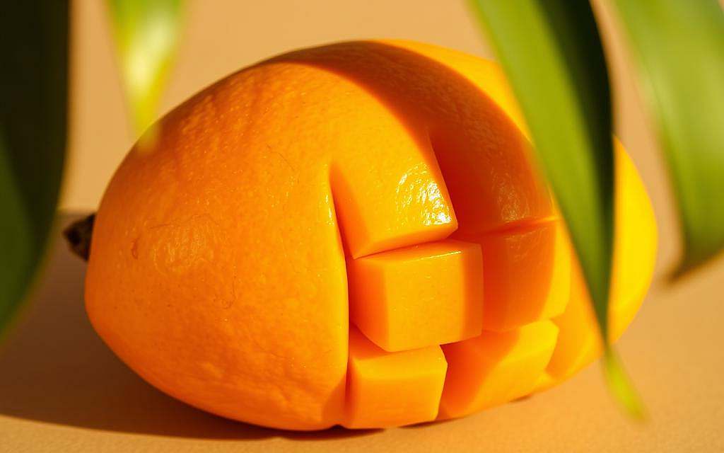 A lush, ripe mango, its golden-orange flesh glistening under warm, natural lighting. The fruit's surface is subtly textured, revealing its juicy, beta-carotene-rich interior. The mango is artfully positioned on a neutral background, allowing its vibrant colors to take center stage. Hints of the mango's leaves and stem frame the composition, creating a sense of depth and balance. The overall mood is one of healthy, nourishing abundance, inviting the viewer to appreciate the mango's exceptional nutritional value and natural beauty.