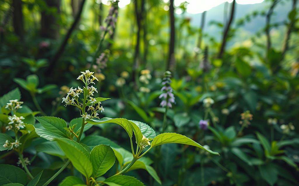 A lush, verdant forest setting with a prominent focus on a variety of medicinal herbs and plants, prominently featuring the glycine plant. The foreground showcases the delicate, bright green leaves and delicate white flowers of the glycine plant, their intricate structures illuminated by soft, natural lighting. The middle ground reveals a range of other healing herbs and botanicals, each with their own unique properties and applications in natural medicine. The background gently fades into a dreamlike, ethereal landscape, hinting at the tranquil, restorative atmosphere of the natural world. The overall composition conveys a sense of harmony, balance, and the profound healing power of nature.